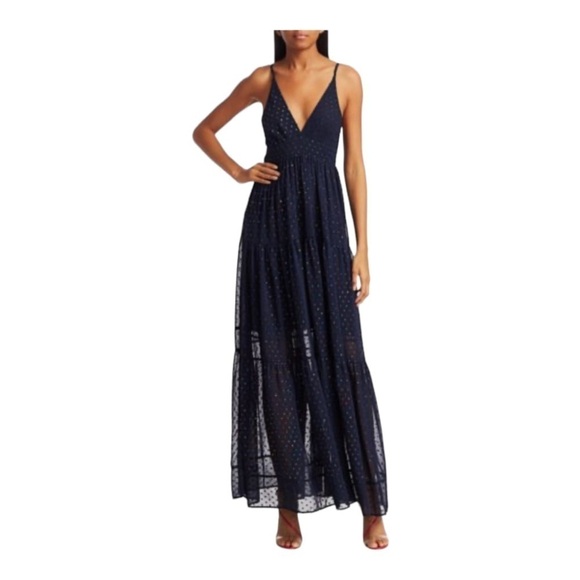 NWT LE SUPERBE Starry Night Navy Blue Metallic Chiffon Tie Back Maxi Gown Size 6 - Picture 5 of 14